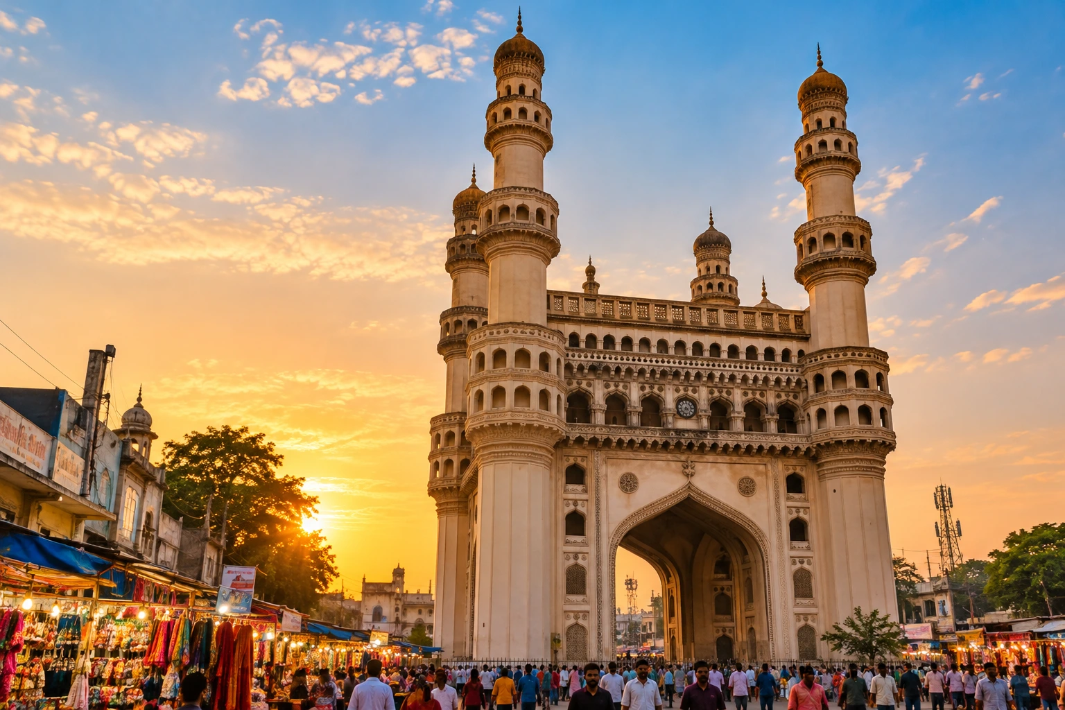 Charminar Hyderabad Telangana, historic monument with grand arches and minarets at sunset, surrounded by bustling local markets.