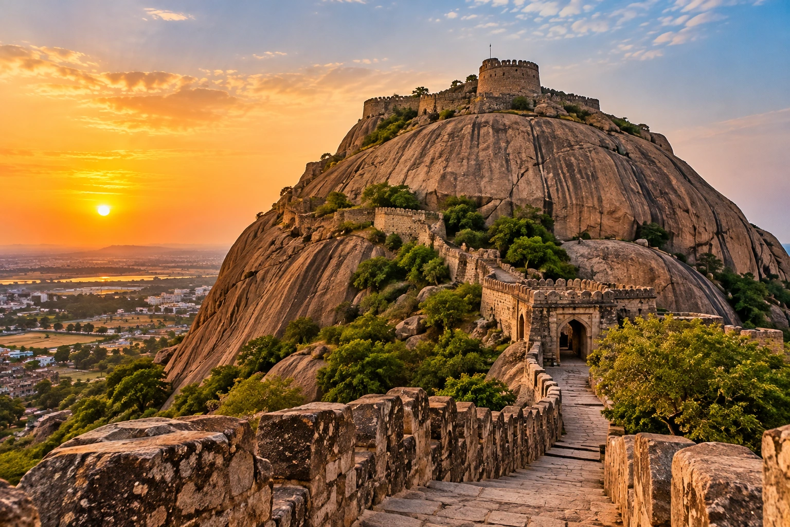 Bhongir Fort atop a massive granite hill at sunset, featuring historic stone walls, a rocky pathway, and panoramic views of Telangana.