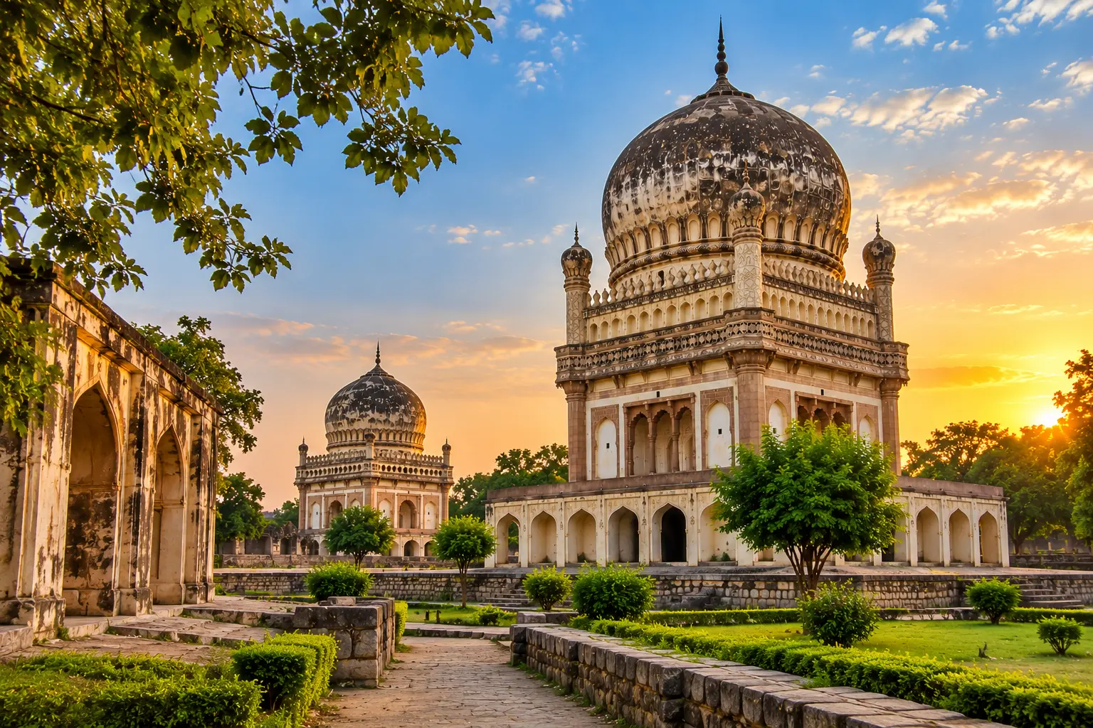 Qutb Shahi Tombs, Hyderabad, featuring an ornate domed mausoleum, historic stone arches, and green gardens glowing in sunset light.
